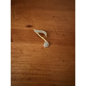 Vintage Gold Tone Musical Note Brooch Rhinestone Eighth Note Music Lover Pin